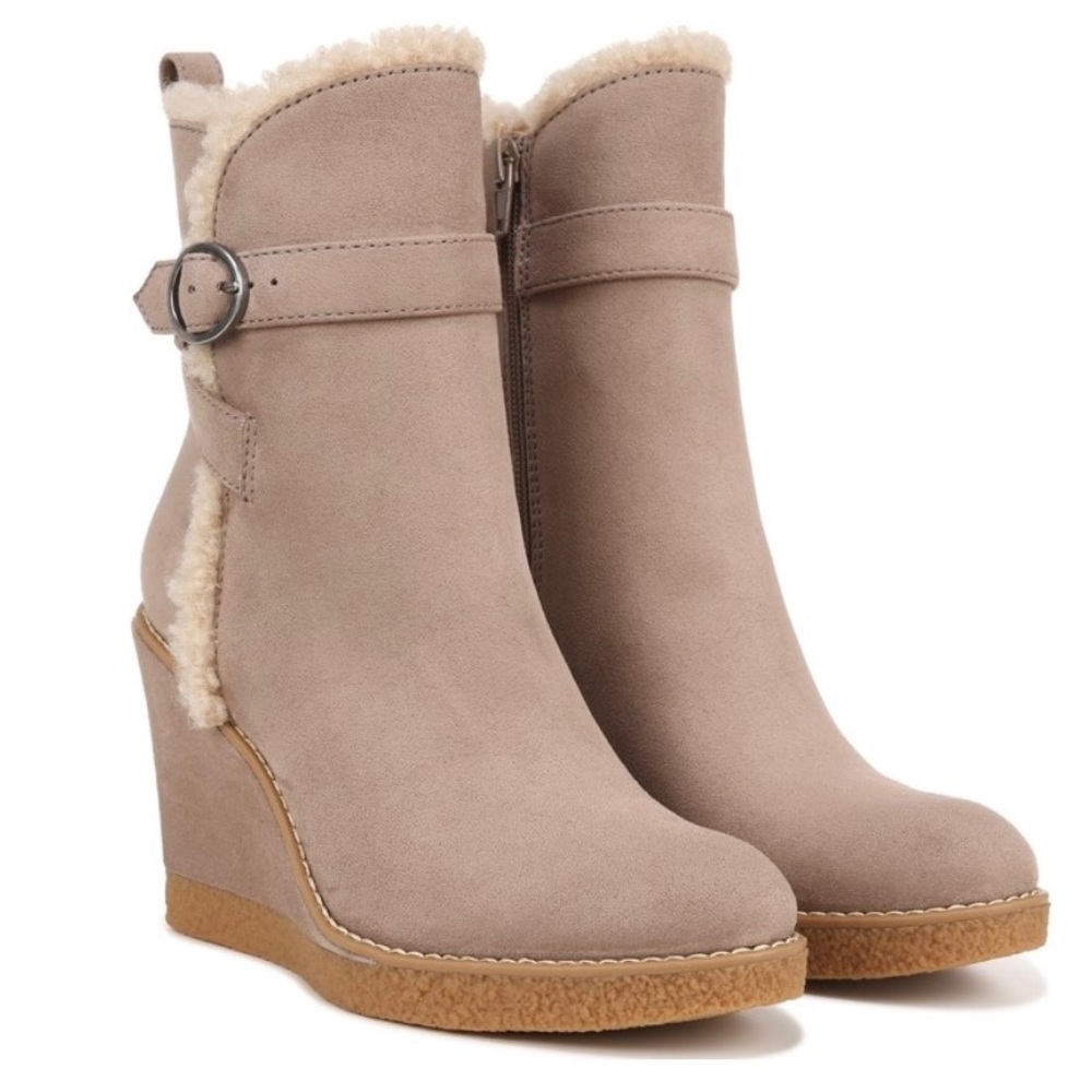 Women’s Taupe Shearling Wedge Booties